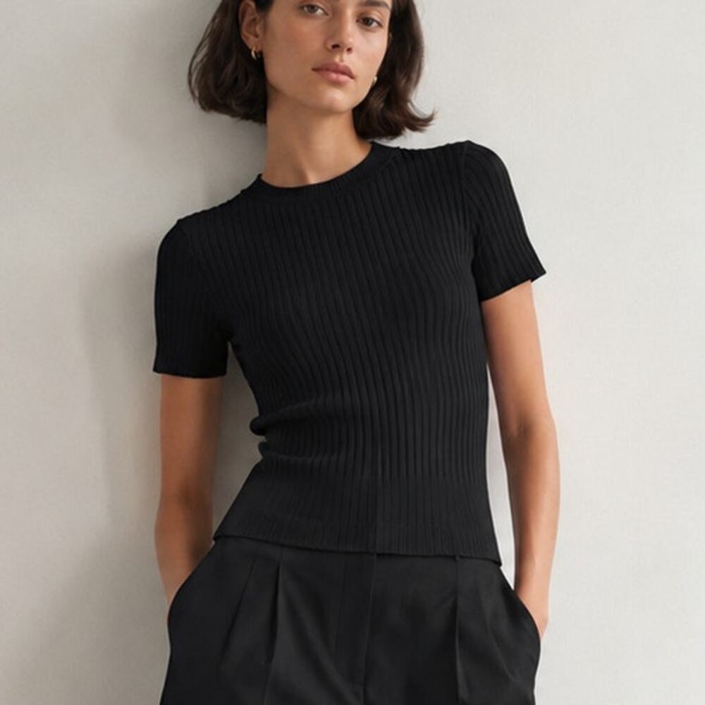 Vince Short Sleeve Ribbed Tee Top Womens M Black Cotton Crewneck